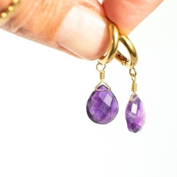 Genuine Amethyst Dangle Earrings 18K Gold Huggies Waterproof & Hypoallergenic - Picture 3 of 7